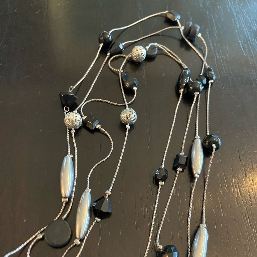 Black and silver beaded necklace- double looped, no clasp